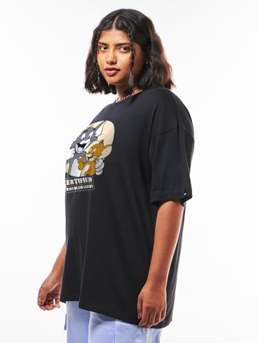 Bewakoof Official Tom & Jerry Merchandise Womens Graphic Print Regular Fit Half Sleeve Round Neck Cotton Plus Size T-Shirt_6341