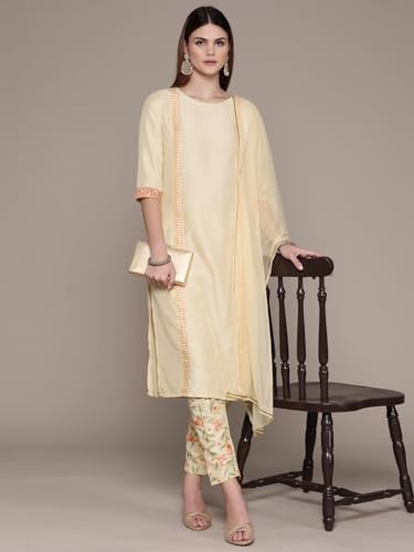 ZIYAA Women's Cream Chinon Kurta,Pant set with Dupatta (ZISKDCH4081-RL)
