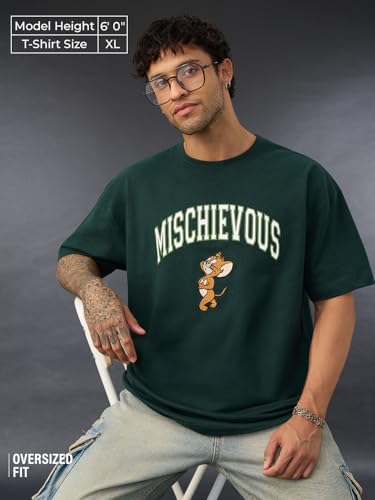 The Souled Store Tom & Jerry: Mischievous Men and Boys Short Sleeves Round Neck Green Embroidered Casual Lightweight Cotton Over