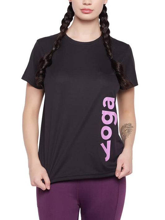 Clovia Womens Comfort Fit Text Print Active T-Shirt in Black (AT0160D13_Black_XL)