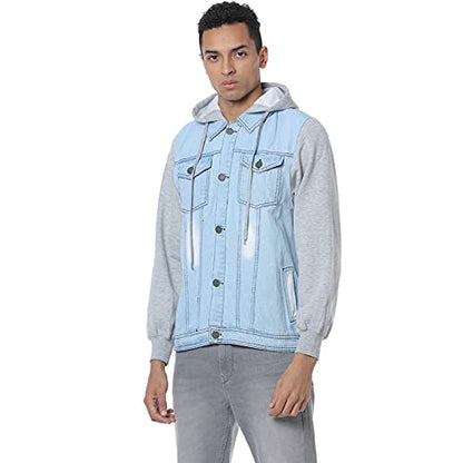 Campus Sutra Mens Light-Washed Blue & Black Regular Fit Denim Jacket for Winter Wear | Hooded Collar | Full Sleeve | Buttoned |