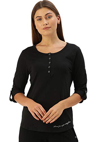 Enamor Essentials Womens Slim Fit Henley Neck 3/4th Sleeves Cotton Tee with Snap Button Placket Front & Sleeve Tab - E129(E129-
