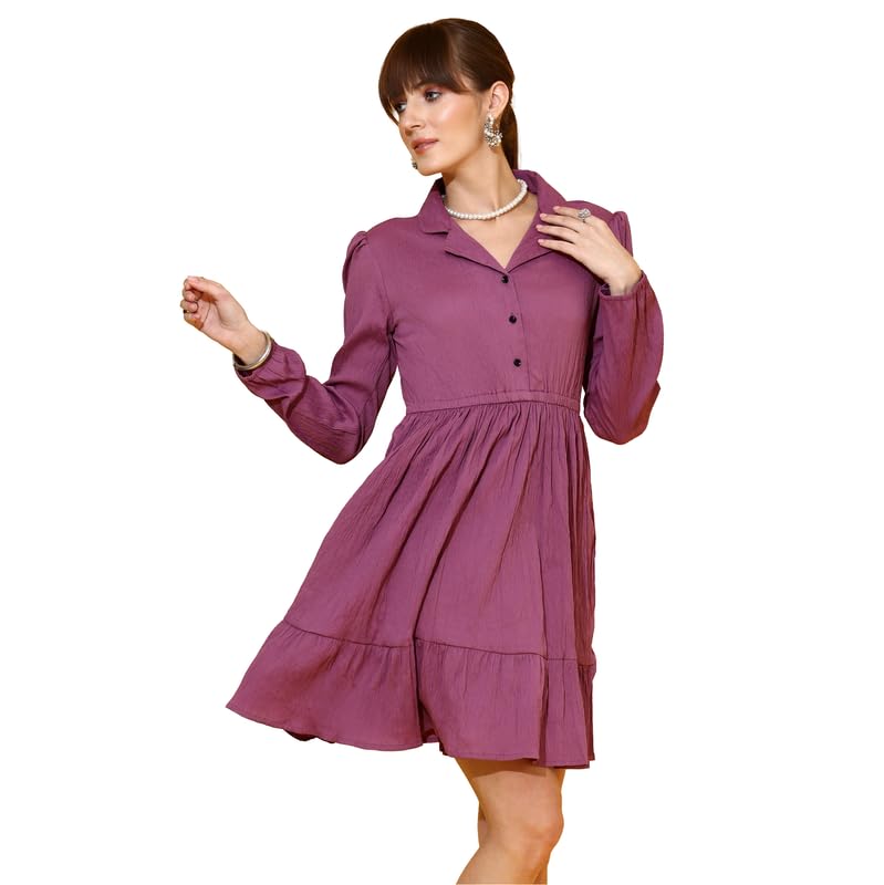 Sheetal Associates WomenS Crepe Fabric Midi Dress With Long Sleeves Collared Neck Solid Pattern And Knee Length Pull On Closure