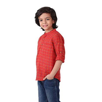 Fabindia Kids Chinese Collar Short Kurta Cotton_Red