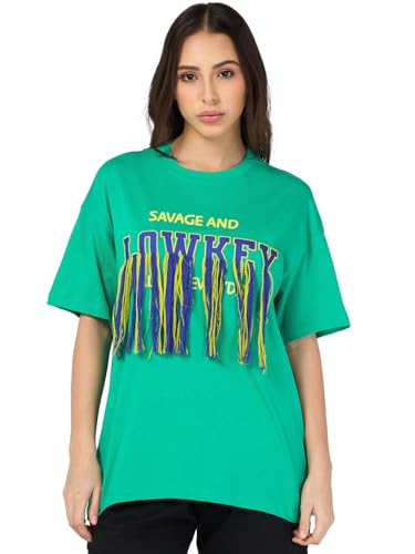 Bewakoof WomenS Embellished Oversized Fit Half Sleeve Round Neck Cotton T-Shirt_683839_Green_2Xl