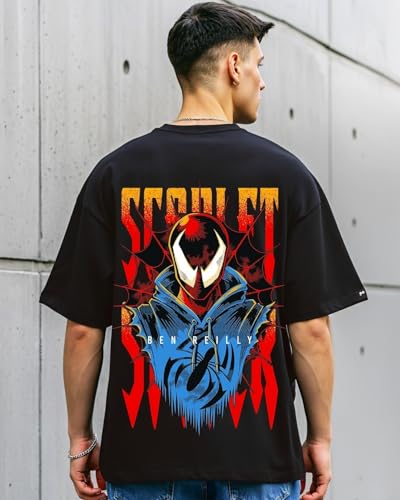 Bewakoof Official Marvel Merchandise Scarlet Spider Mens Graphic Print Oversized Fit Half Sleeve Round Neck Cotton T-Shirt_6483