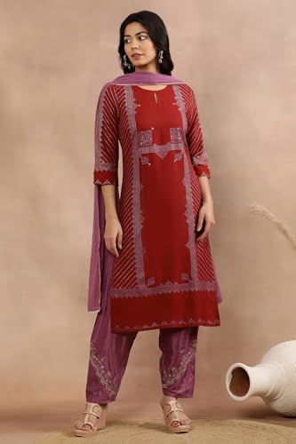 W Women Red Festive Geometric Print Viscose A-Line Kurta set with Salwar & Dupatta