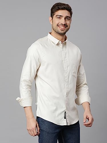 Thomas Scott Mens Solid Slim Fit 100% Cotton Casual Shirt with Spread Collar and Long Sleeve Beige