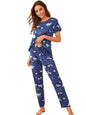 SMOWKLY Womens Cartoon Print Pyjama Set  Round Neck Short Sleeve Top & Pajama | Soft Cotton Blend Night Suit, Nightwear & Lounge