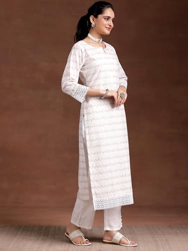 Libas Womens Embroidered Cotton Blend Straight Kurta With Palazzos And Dupatta