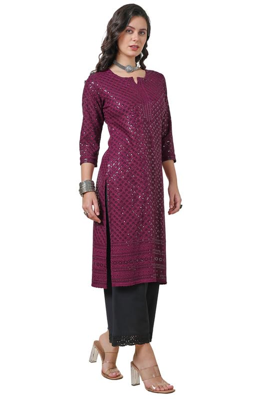 Soch Womens Wine Rayon Embroidered Straight Kurta With Sequins