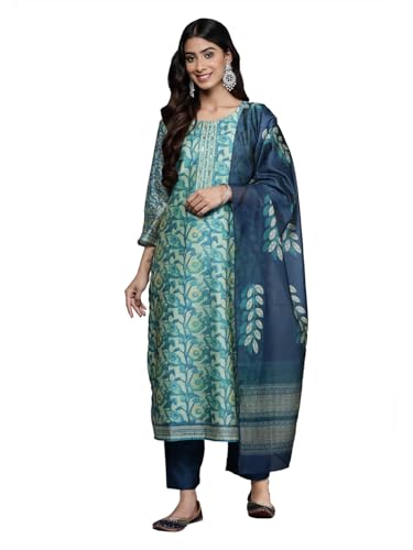 Varanga Women Blue Floral Printed Kurta, Round Neck Straight Kurta Paired With Tonal Bottom And Printed Dupatta.