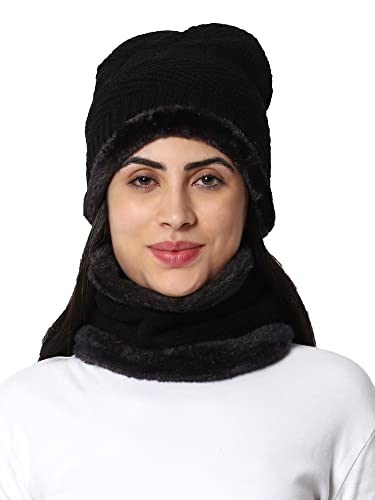 Weavers Villa Snow Proof Inside Fur Acro Wool Unisex Beanie Cap With Neck Warmer Set Knit Hat Thick Fleece Lined Winter Cap For