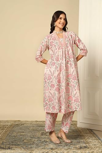 GRECIILOOKS Women SEMI Cotton Alia Cut Regular Fit Kurta Set (Off White, Small)