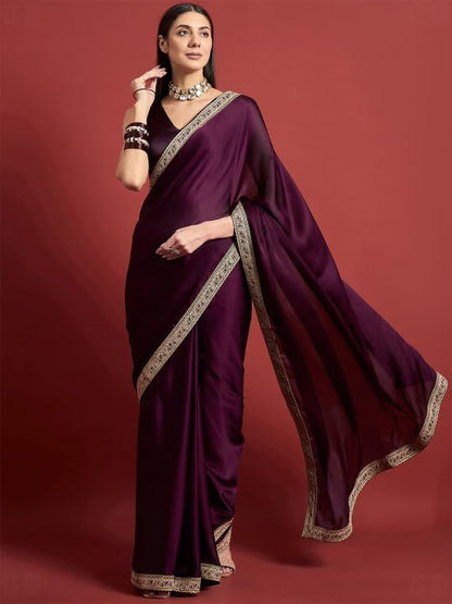 Cb-Colebrook Women'S Soft Satin Saree With Embroidered Sequin Border With Blouse Piece, Traditional Indian Ethnic Wear, Party, W