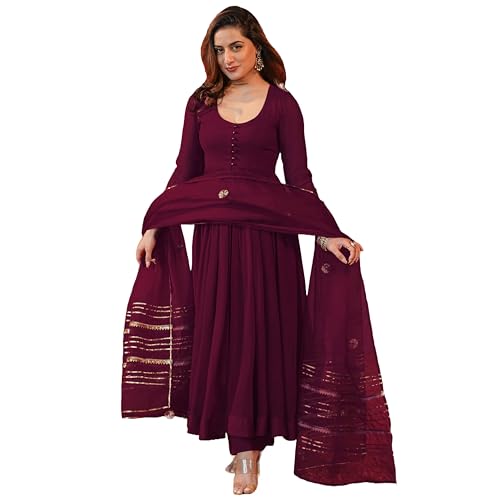 GoSriKi Womens Rayon Blend Anarkali Solid Kurta with Pant & Dupatta (JAYNTI Wine-GS_S_Wine_Small)