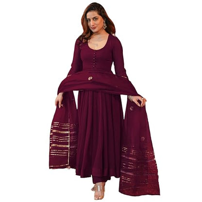 GoSriKi Womens Rayon Blend Anarkali Solid Kurta with Pant & Dupatta (JAYNTI Wine-GS_L_Wine_Large)