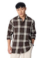 The Souled Store: Mocha Men and Boys Long Sleeve Spread CollarButton Front Brown Plaid Regular Fit Cotton Linen Shirt