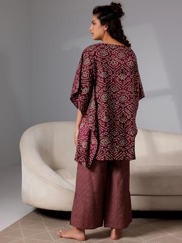 Libas Womens Printed Cotton Night Suit Set For Women Burgundy
