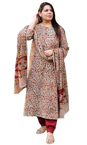 Anni Designer WomenS Rayon Viscose Straight Kalamkari Printed Kurta With Pant & Dupatta (Bawer Multi_Xxl_Multi_Xx-Large)