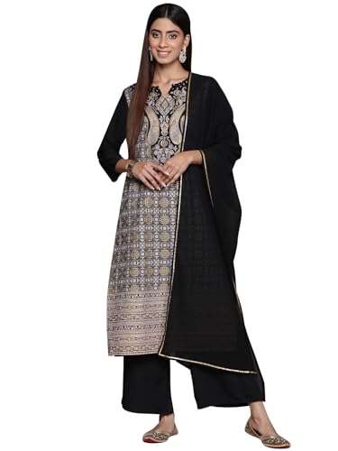 ZIYAA Women's Black Crepe Straight Kurta, Palazzo and Dupatta Set