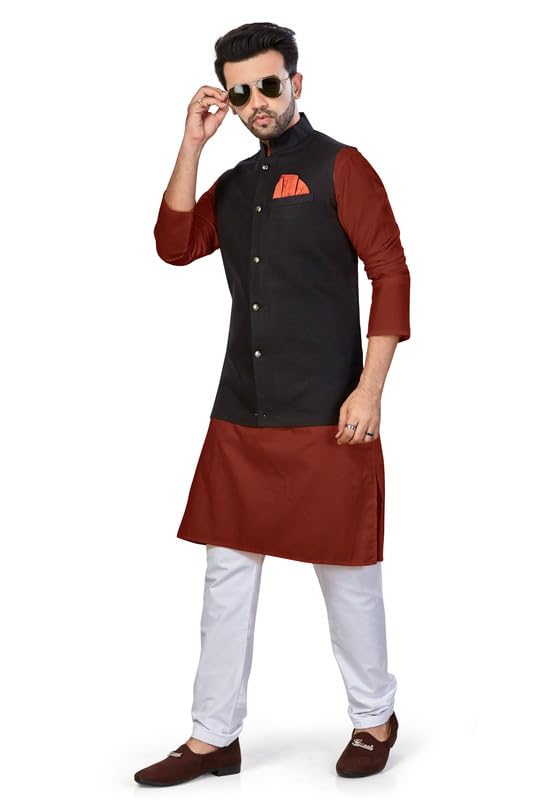 BE ACTIVE Mens Solid Linen Blend Kurta Pyjama 3 Piece Set || Men Kurta Pajama With Modi Jacket || Kurta Pajama Nehru Jacket For