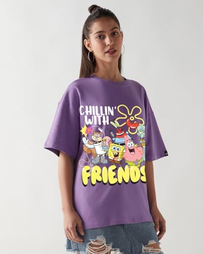 Bewakoof Heavy Duty 1.0 Official Spongebob Merchandise Womens Graphic Print Oversized Fit Half Sleeve Round Neck Terry T-Shirt_