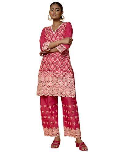 Libas WomenS Cotton Embroidered Co-Ords (27373_Pink