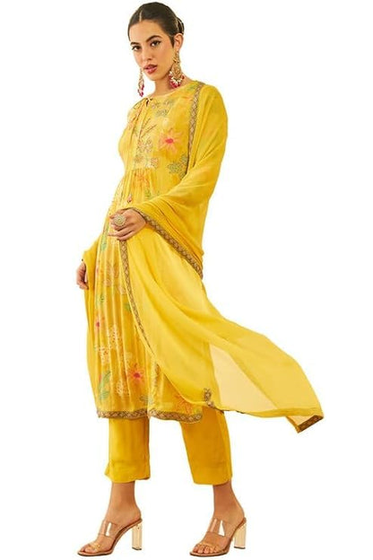 Soch Womens Mustard Crepe Floral Printed Suit Set With Sequins Details