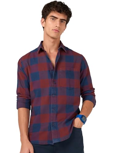 Bewakoof MenS Checked Regular Fit Full Sleeve Collar Pure Cotton Shirt_685542_Red_M