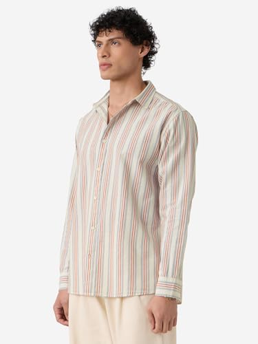 The Souled Store Seaside Stripes Men and Boys Long Sleeves Collared Neck Button Front Beige Regular Fit Cotton Linen Shirts