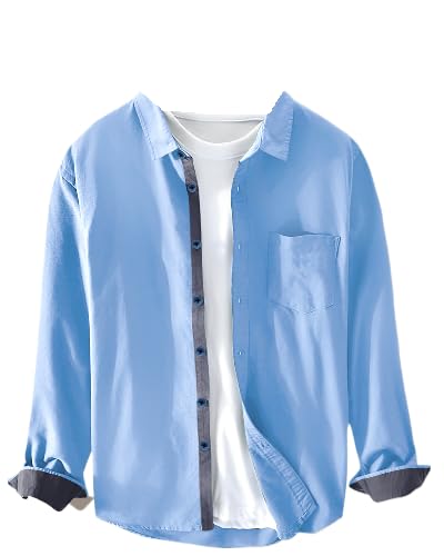 Pinkmint Men Cotton Soild Spread Collar Long Sleeve Shirt Formal Wear Blue