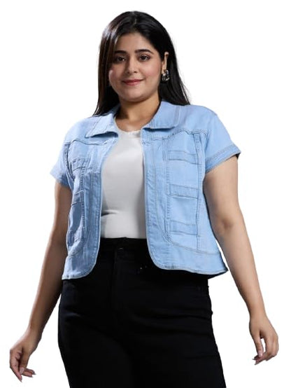 Style Quotient Women Light Blue Open Front Plus Denim Shrug