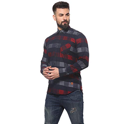 Campus Sutra Mens Navy Blue & Red Gun Club Check Shirt for Casual Wear | Spread Collar |Long Sleeve | Button Closure | Cotton S