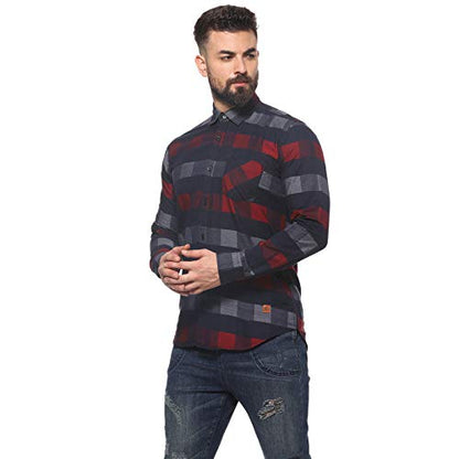 Campus Sutra Mens Navy Blue & Red Gun Club Check Shirt for Casual Wear | Spread Collar |Long Sleeve | Button Closure | Cotton S