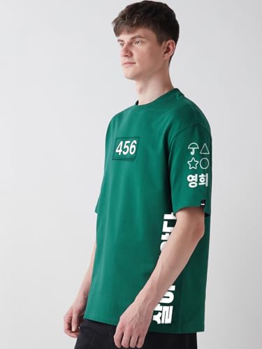 Bewakoof Heavy Duty 1.0 Official Squid Game Merchandise Squid Game Men Graphic Print Oversized Fit Half Sleeve Round Neck Terry