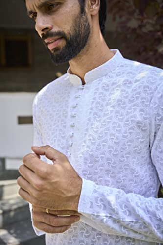 See Designs Mens Kurta - Specially Crafted And Designed For The Eid Festival White Cotton Regular Fit Embroidered Kurta Mandarin