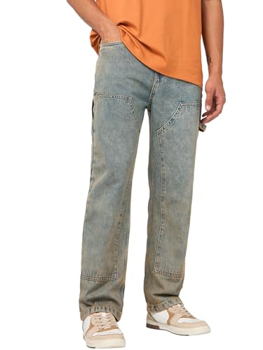 Bewakoof MenS Washed Straight Fit Pure Cotton Carpenter Jeans_684699_Blue_32