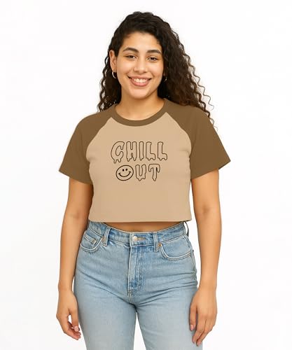 SHODOX 100% Cotton Crop top for Womens - Printed Raglan Sleeve Stylish Tshirt, Relaxed Fit Drop Shoulder Tops for Women