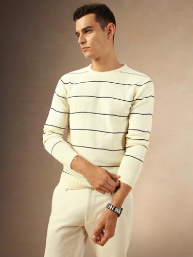 Dennis Lingo Men Regular Fit Acrylic Striped Full Sleeves Crew Neck Pullover Sweater Off White