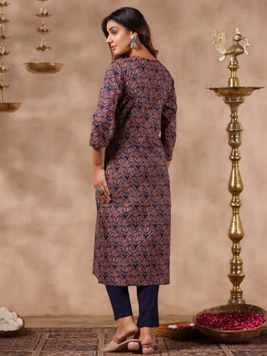 anubhutee Women's Blue Ethnic Motifs Straight Kurta with Trousers