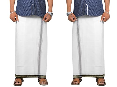 Prakasam Cotton Mens Kerala Thalapathi Border 2Way Pocket (Right &Left Side) Flexi Size (Adjustable) Colour Dhoti With 2 Side Po
