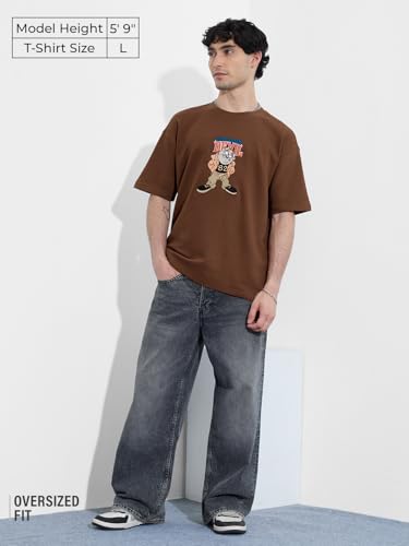 The Souled Store Looney Tunes: Taz Men and Boys Short Sleeves Round Neck Brown Embroidered Cotton Oversized T-Shirts