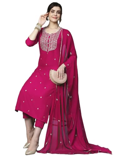 GoSriKi Womens Cotton Blend Embroidered Straight Kurta with Pant & Dupatta (Kasturi Pink-APL-GS_L_Pink_Large)