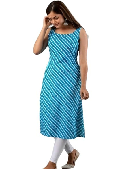 Patlani WomenS A-Line-Calf Langth Sleeveless Crepe Kurti. Blue