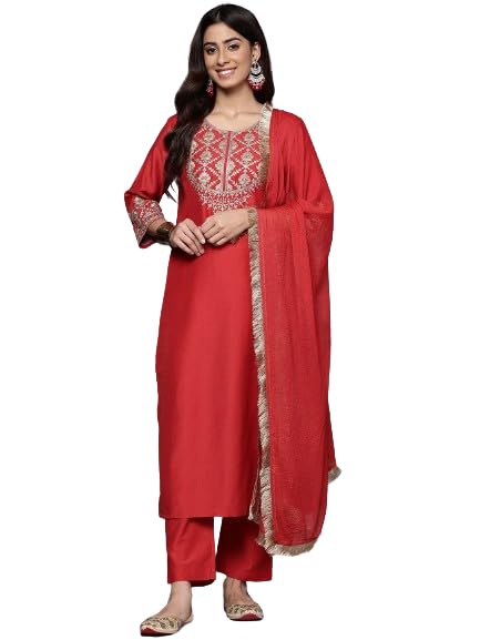 Varanga Women Red Zari Embroidered Kurta with Bottom and Dupatta