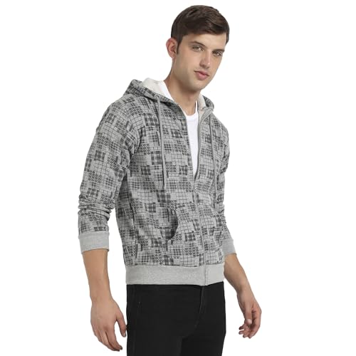 Campus Sutra Mens Grey Abstract Checks Hoodie with Insert Pocket for Casual Wear | Hooded Neck | Long Sleeve | Zipper Closure |