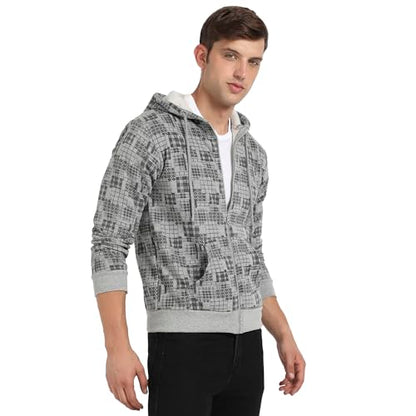 Campus Sutra Mens Grey Abstract Checks Hoodie with Insert Pocket for Casual Wear | Hooded Neck | Long Sleeve | Zipper Closure |