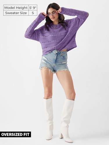 The Souled Store Solids: Periwinkle Women and Girls Long Sleeve Round Neck Acrylic Oversized Fit Sweaters