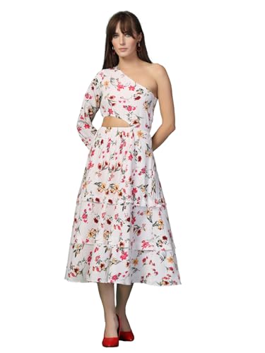OOMPH! Womens Western & Fusion wear Printed Crepe Dress for Women, One Shoulder, White - md1061